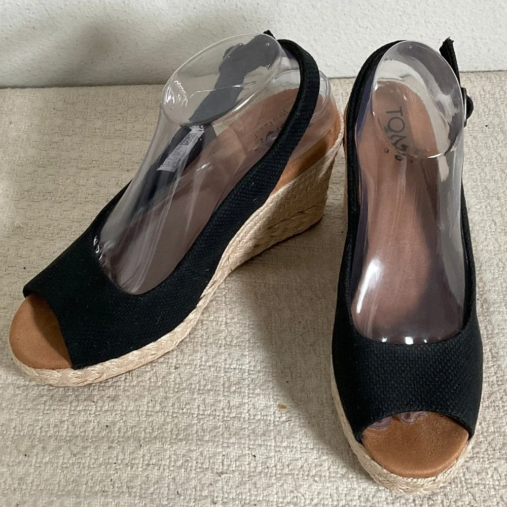 TOMS Black Canvas Peep Toe Espadrille Wedge Slingback Sandals 10022387 Womens 8 - Picture 1 of 14